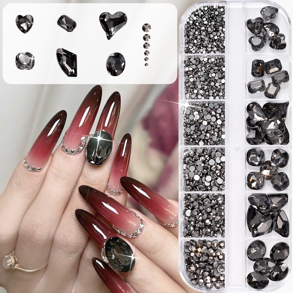 Hotfix Rhinestone Sheet - 12Grids 3D Black Heart/Square/Oval Crystal Rhinestone