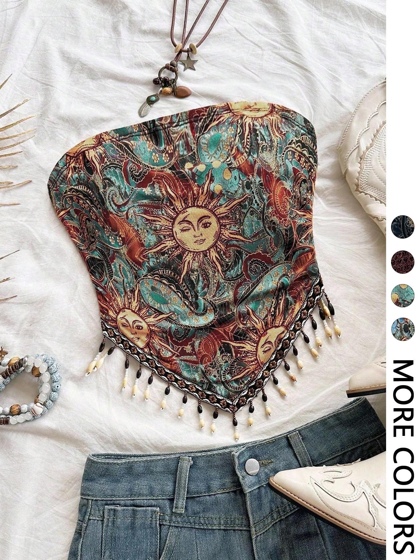 Ladies' 1pc Printed Mesh Knitt - Beaded Trim Fringe avaliação e preço