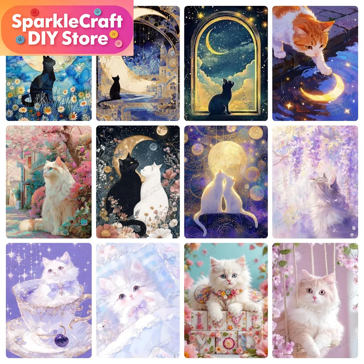 Animal Cat Moon Diamond Painti - Embroidery Embellishments avaliação e preço