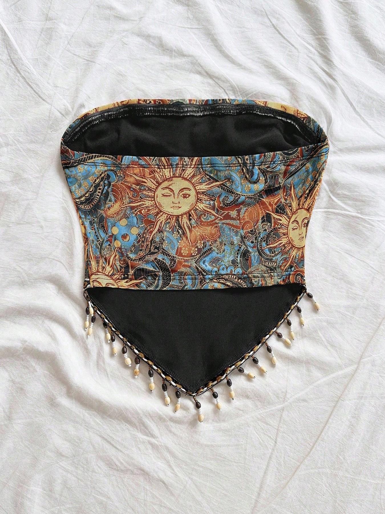 Ladies' 1pc Printed Mesh Knitt - Beaded Trim Fringe avaliação e preço