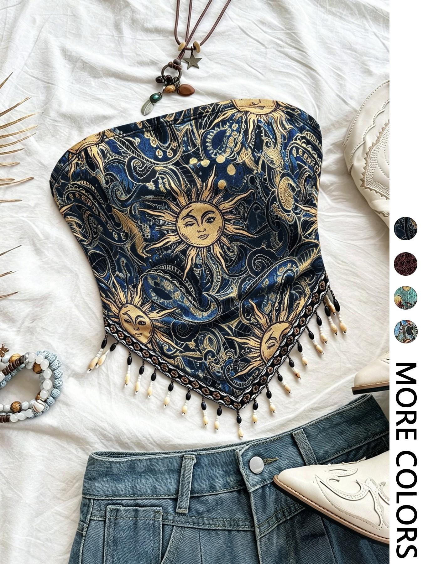 Ladies' 1pc Printed Mesh Knitt - Beaded Trim Fringe avaliação e preço