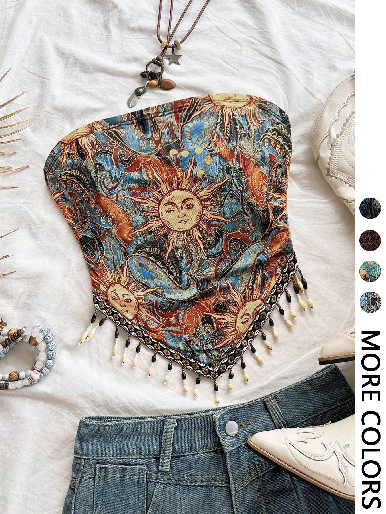 Ladies' 1pc Printed Mesh Knitt - Beaded Trim Fringe avaliação e preço