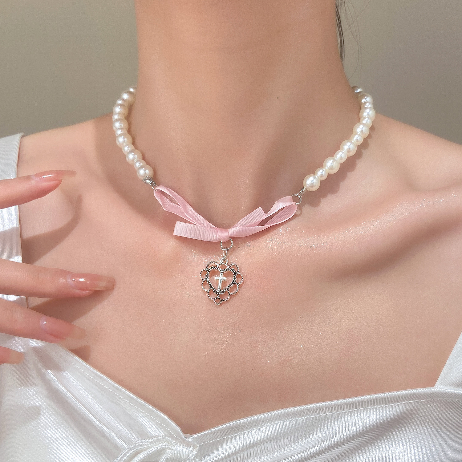 French Romantic Pink Bowknot H - Pearl Trim Chain avaliação e preço